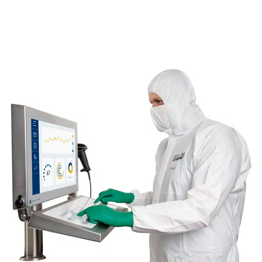Blue Line Cleanroom HMI with hinged keyboard being operated by cleanroom operator