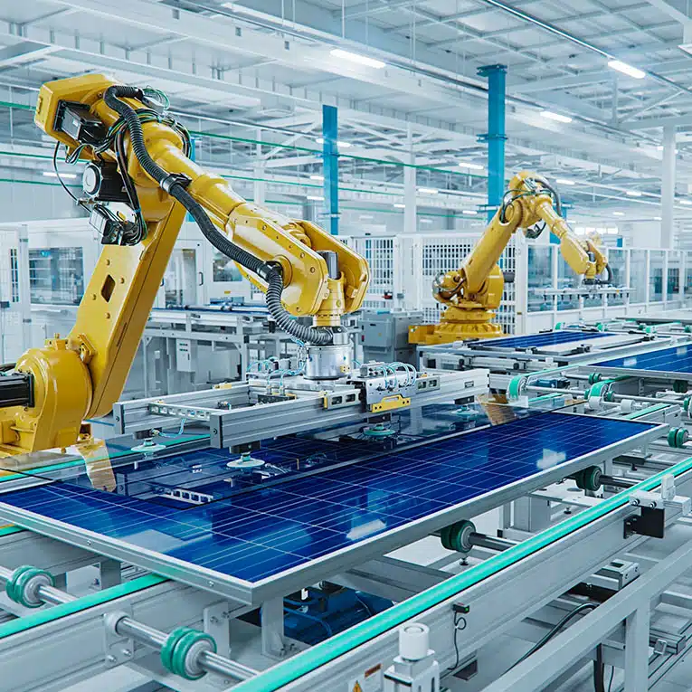 Robots building solar panels. Industrial environment