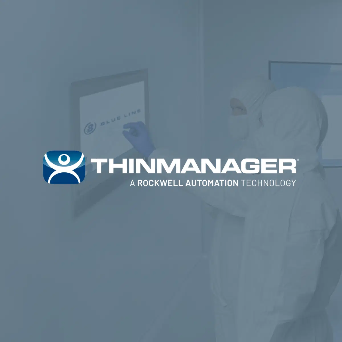 ThinManager Ready 21.5" HMI Panel PC for Cleanroom – In-Wall from Blue Line A/S. Operators with HMI Panel PC for Cleanroom – In-Wal in cleanroom. ThinManager logo.