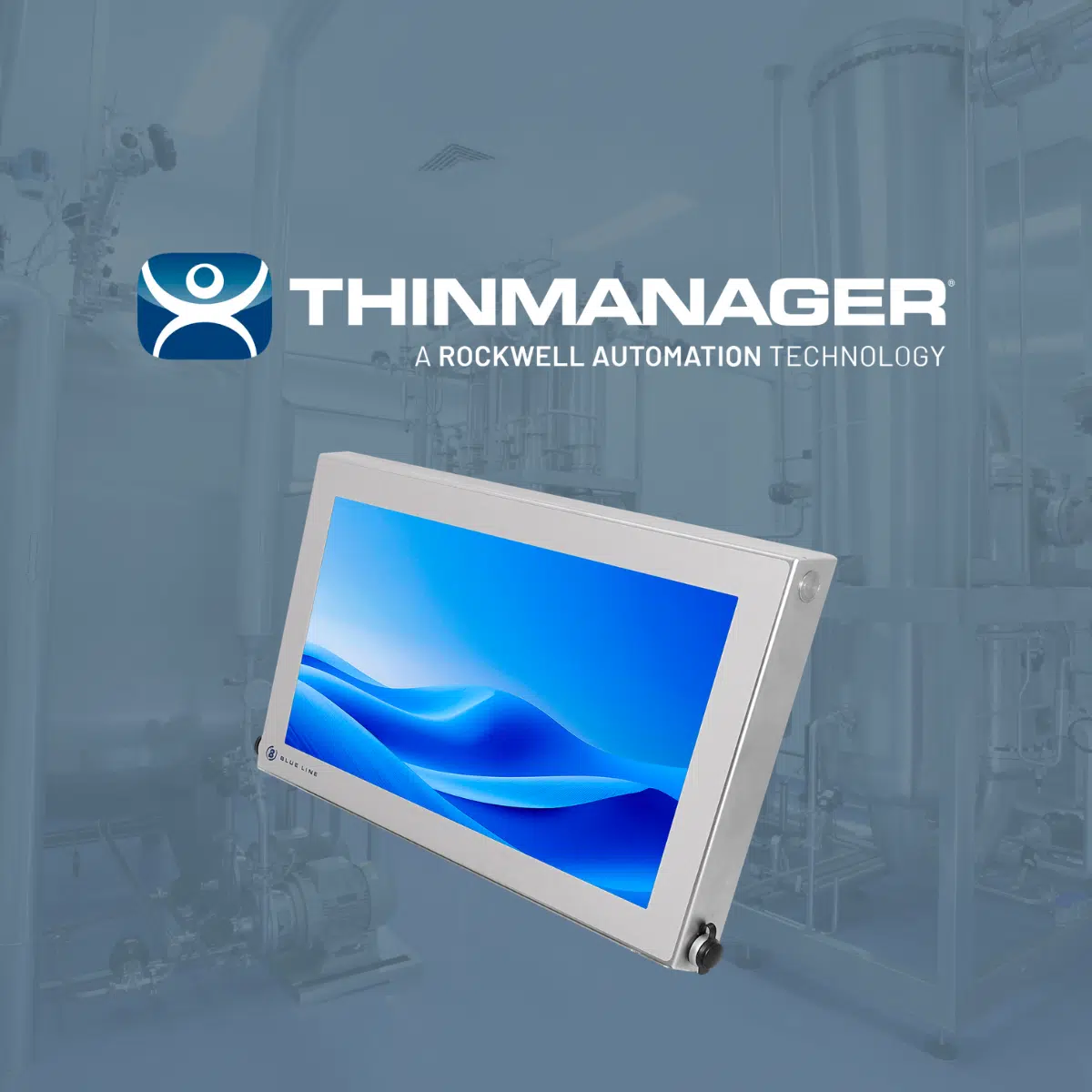 ThinManager Ready HMI Panel PC with Keyboard for Cleanroom from Blue Line A/S. HMI Panel PC for Cleanroom in cleanroom. ThinManager logo.