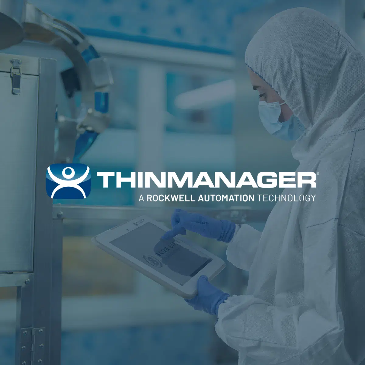 ThinManager Ready Cleanroom Tablet from Blue Line A/S. Operator with tablet in cleanroom. ThinManager logo.