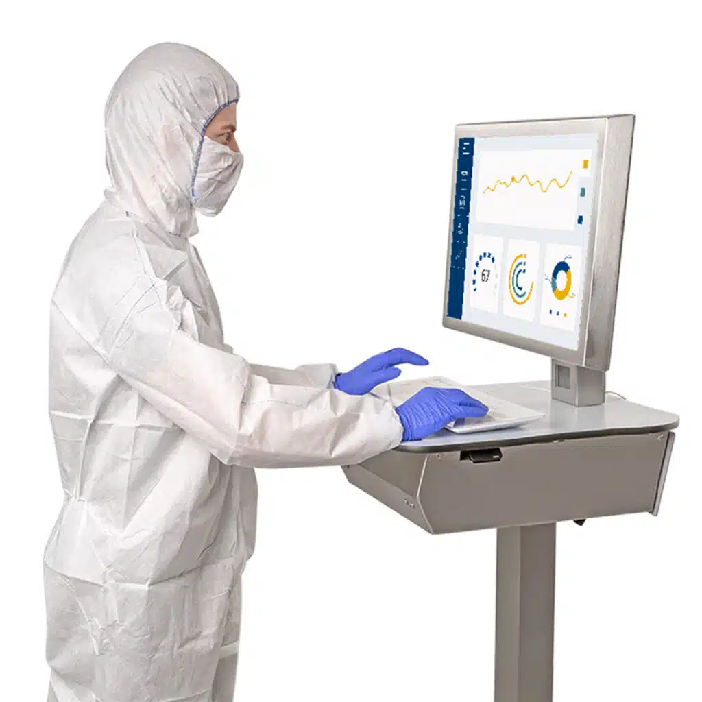 Close-up of Blue Line Mobile Operator Station T1000 being used by cleanroom operator
