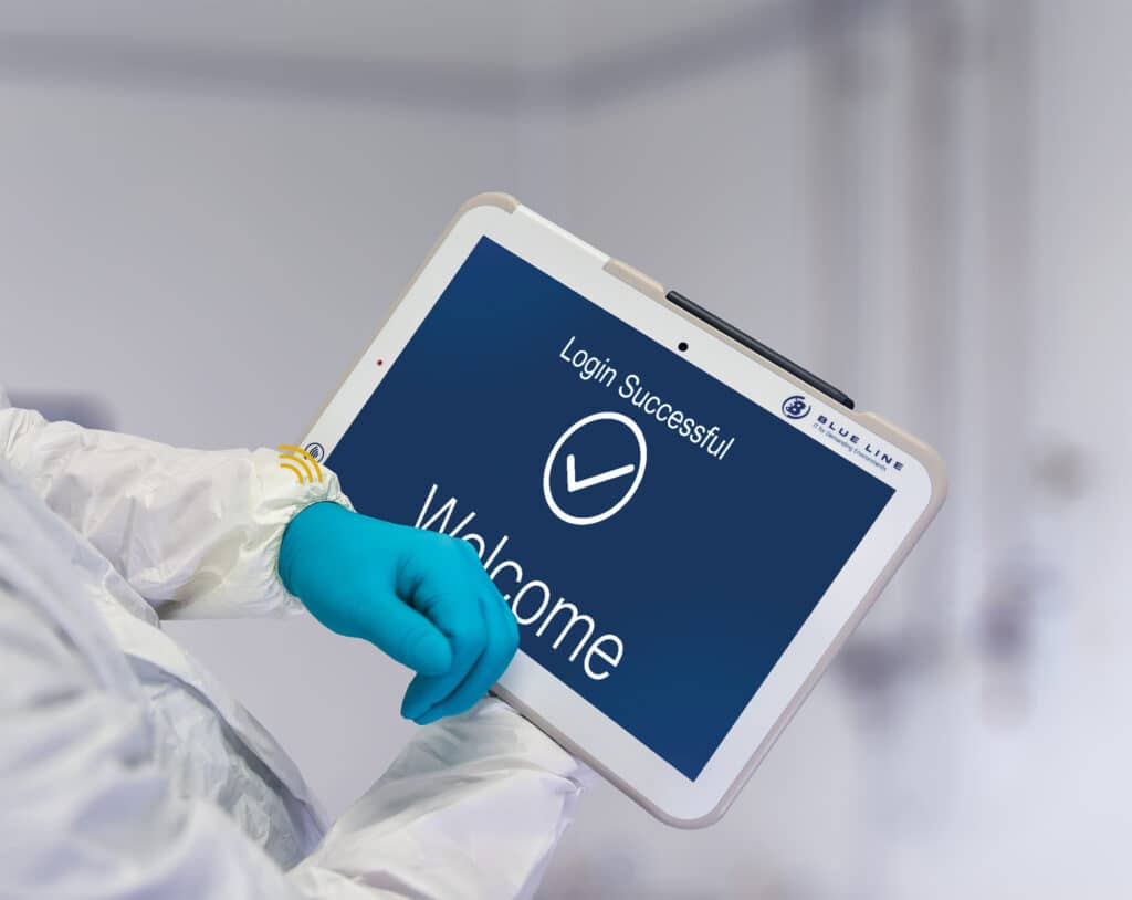 Cleanroom tablet with Nymi authentication bracelet.