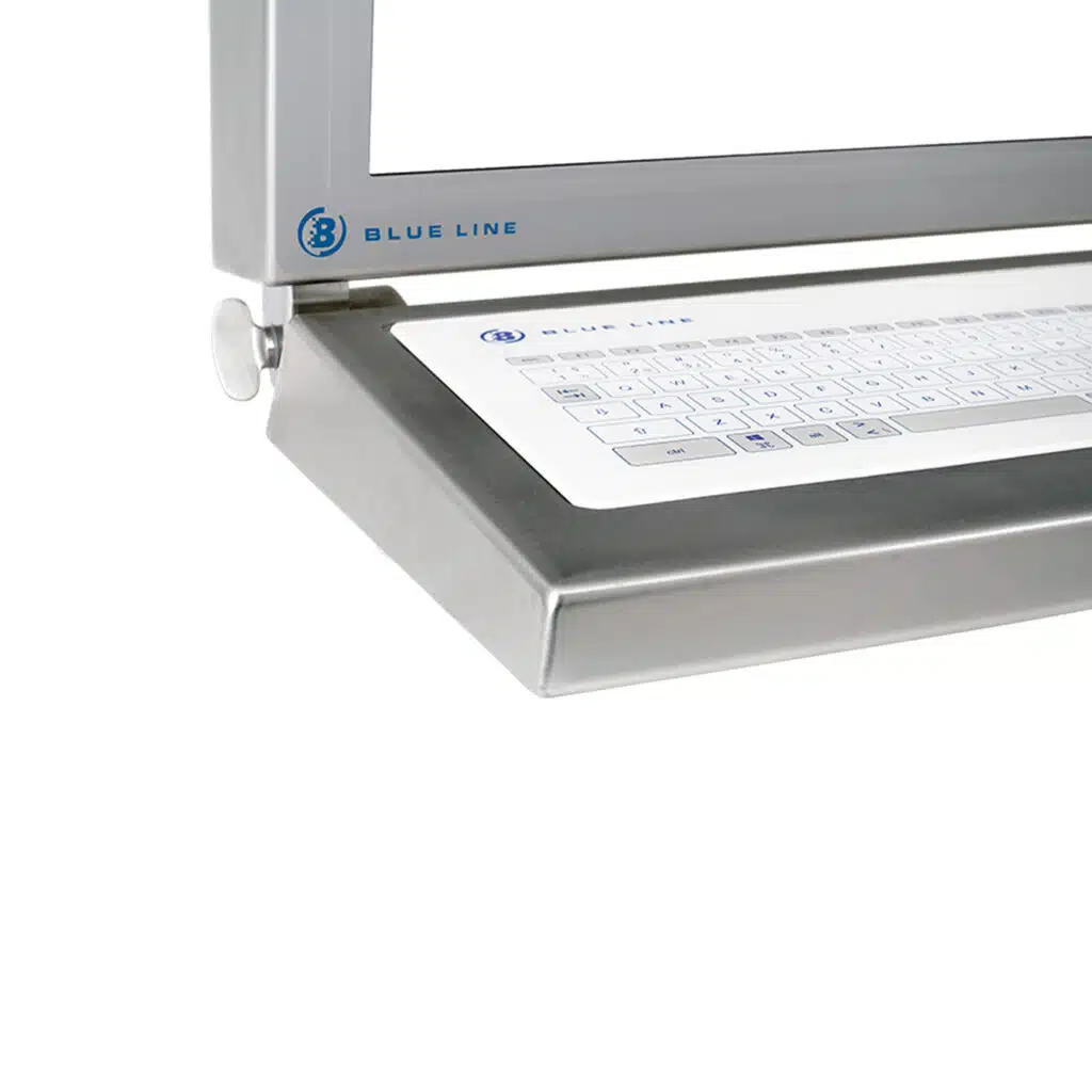Close up of Blue Line Cleanroom HMI with hinged keyboard