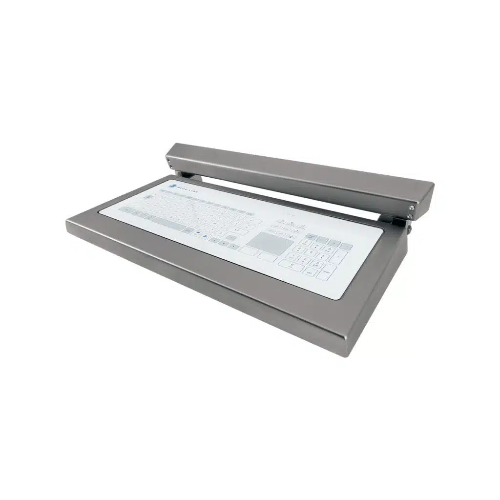 Cleanroom glass keyboard in stainless steel housing