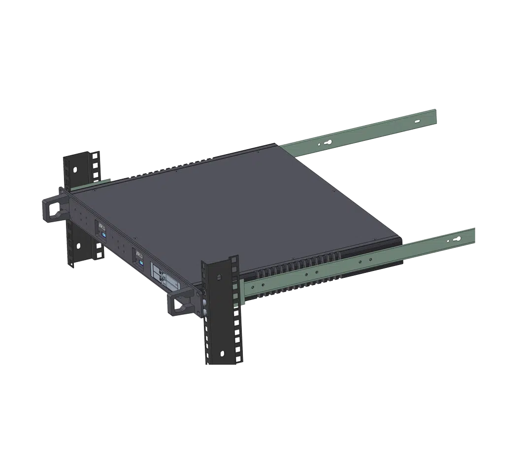 1U fanless dual node chassis mounted in a rack with sliding rails, showing front panel and ventilation