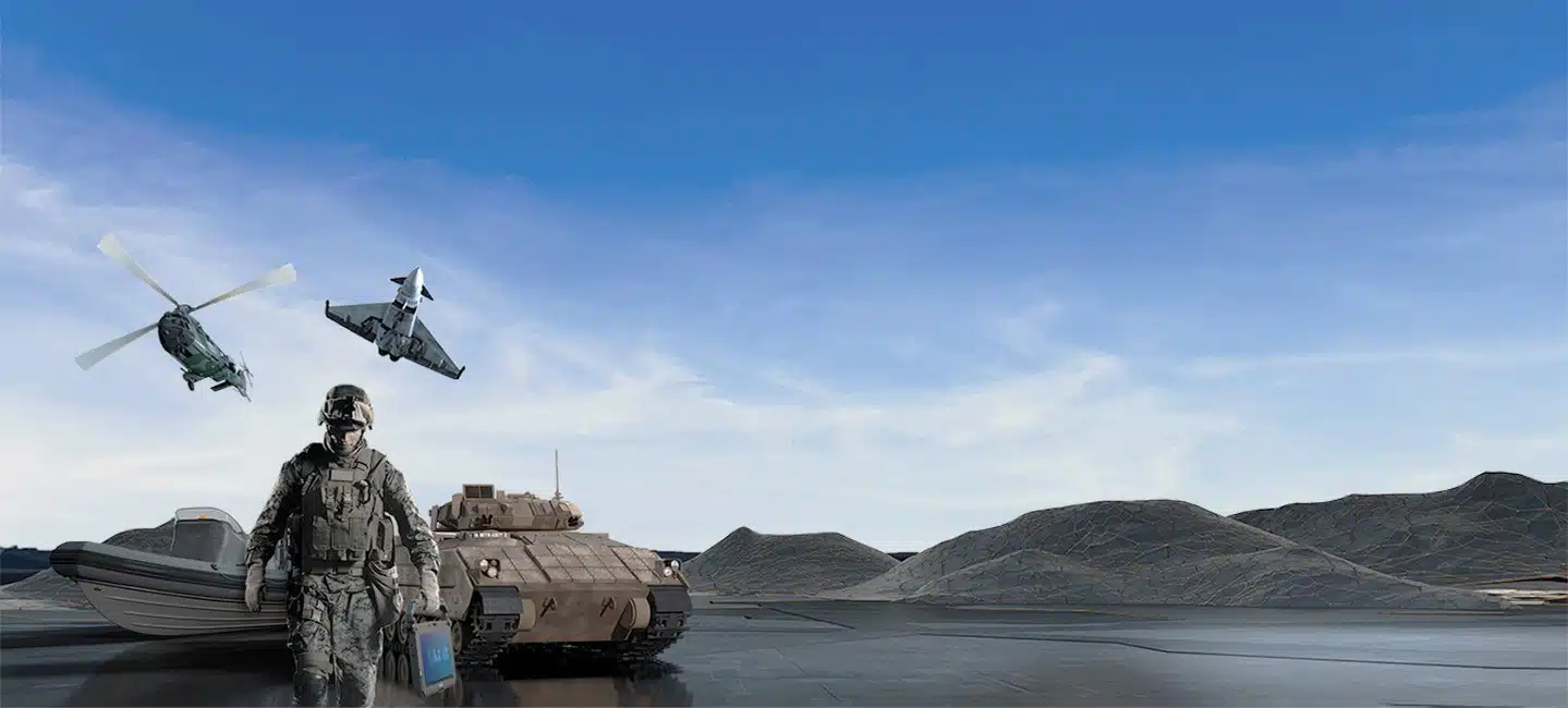Soldier with rugged defense computer running on ground surrounded by military planes