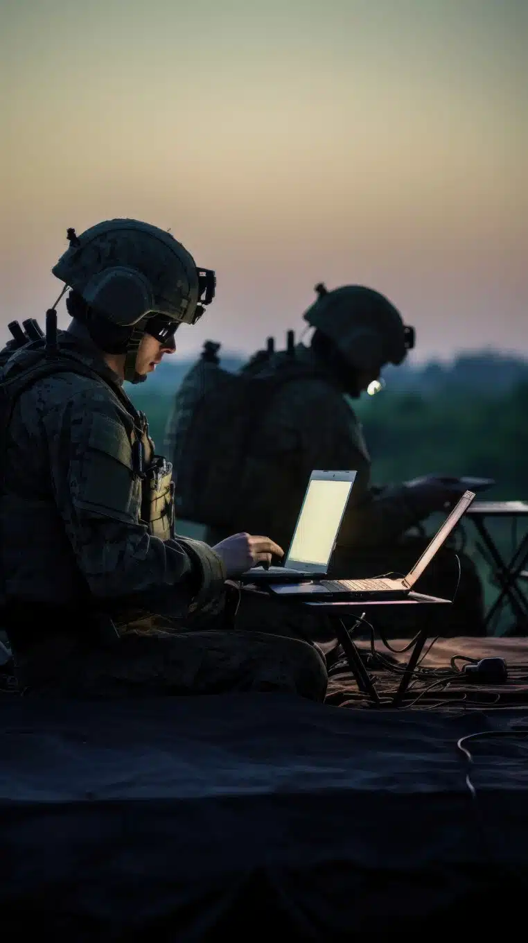 Soldiers working with rugged defense computers