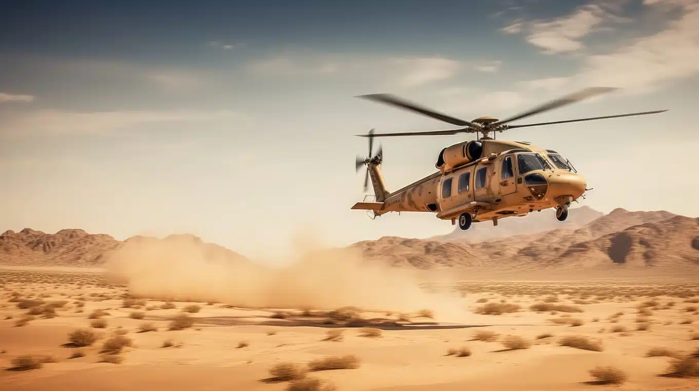 Military helicopter in desert. 