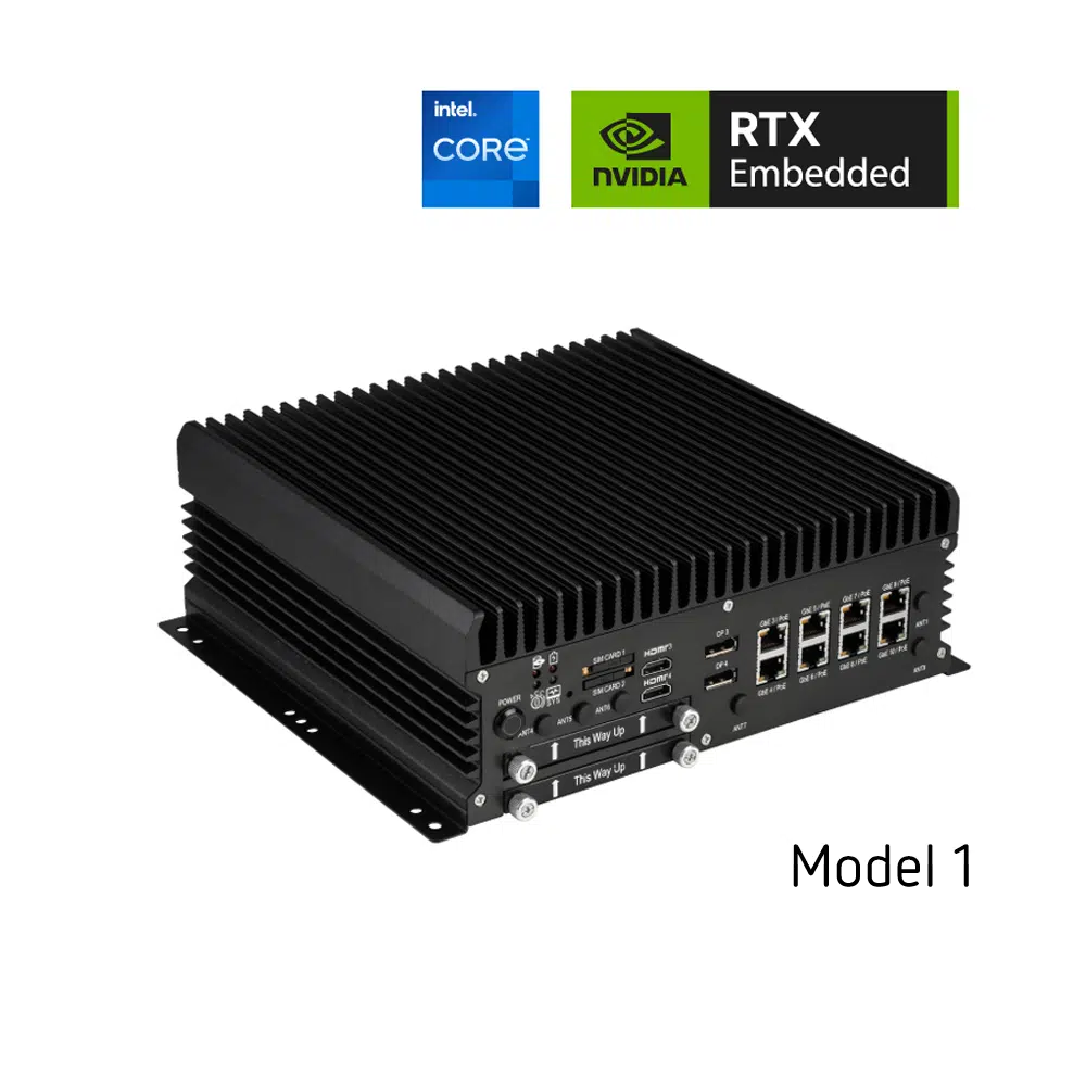 Fanless industrial Edge AI computer with Intel Core CPU, NVIDIA RTX Embedded GPU, and multiple Gigabit PoE ports for AI video processing