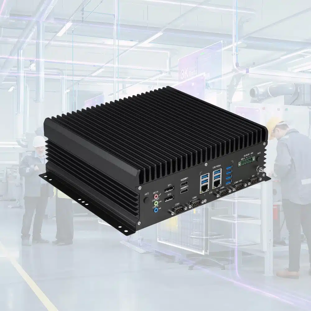 Fanless industrial Edge AI computer with Intel Core CPU, NVIDIA RTX Embedded GPU, and multiple Gigabit PoE ports for AI video processing