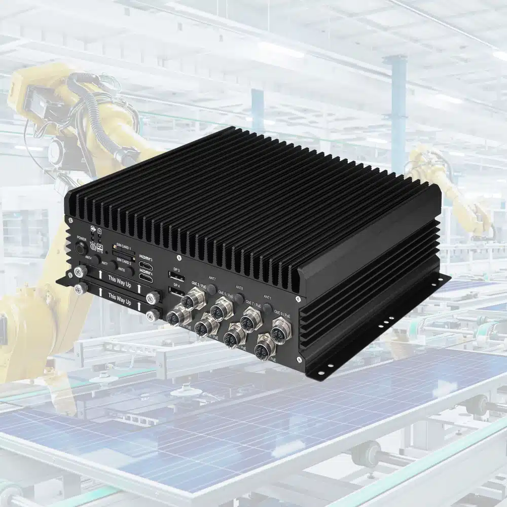 Fanless industrial Edge AI computer with Intel Core CPU, NVIDIA RTX Embedded GPU, and multiple Gigabit PoE ports for AI video processing