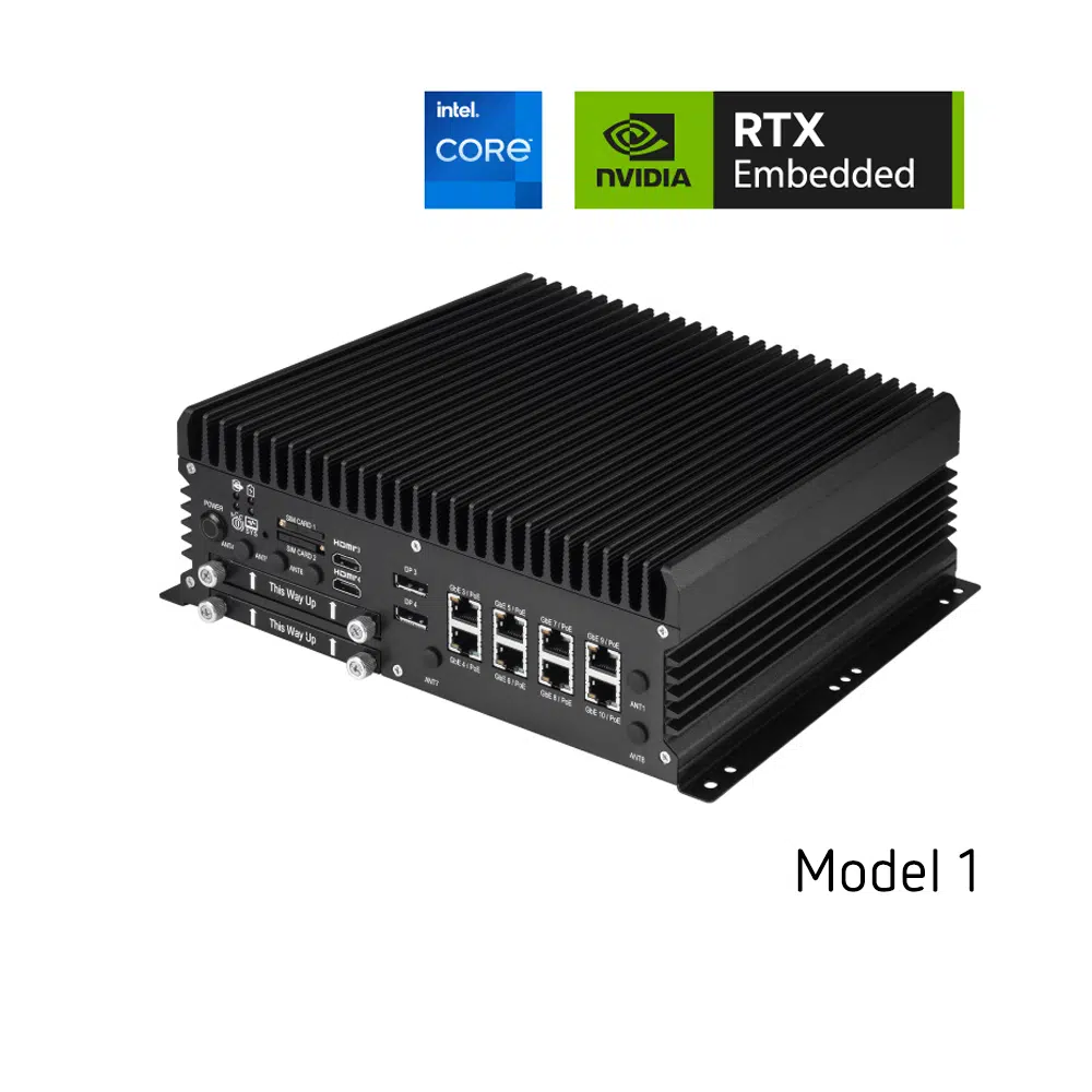 Fanless industrial Edge AI computer with Intel Core CPU, NVIDIA RTX Embedded GPU, and multiple Gigabit PoE ports for AI video processing