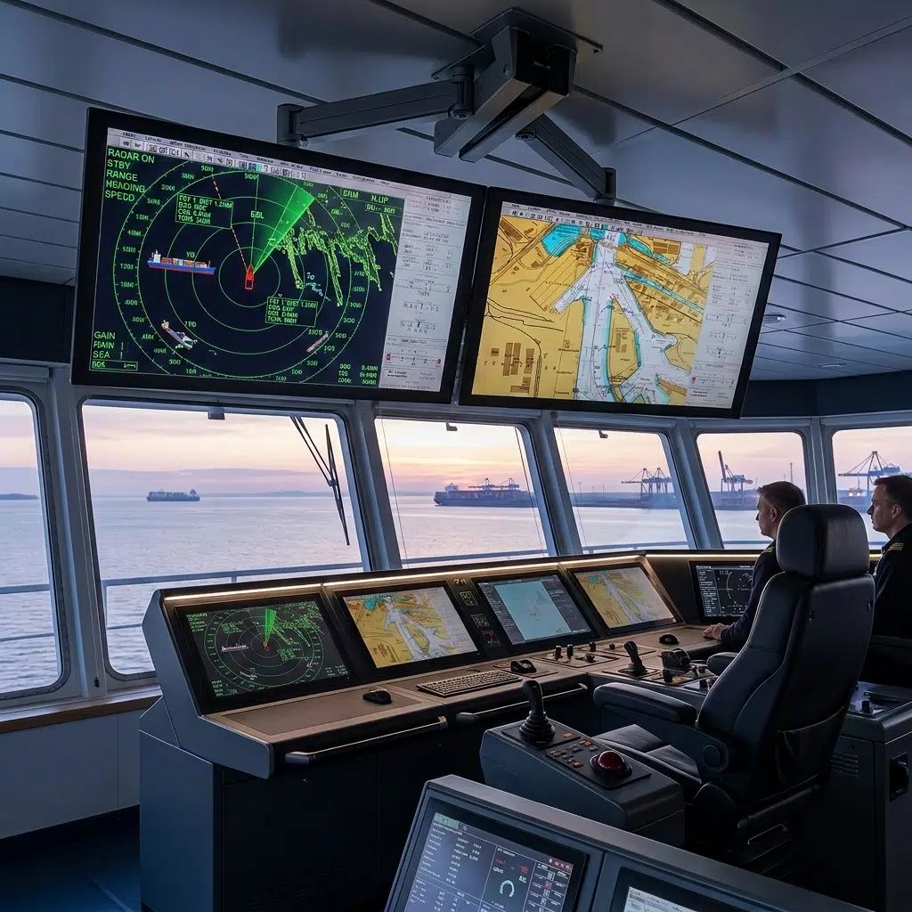 Maritime computers and screens on a modern bridge