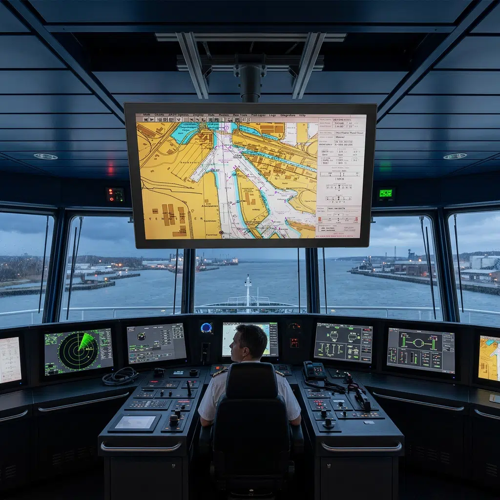 Maritime computers and screens on a modern bridge