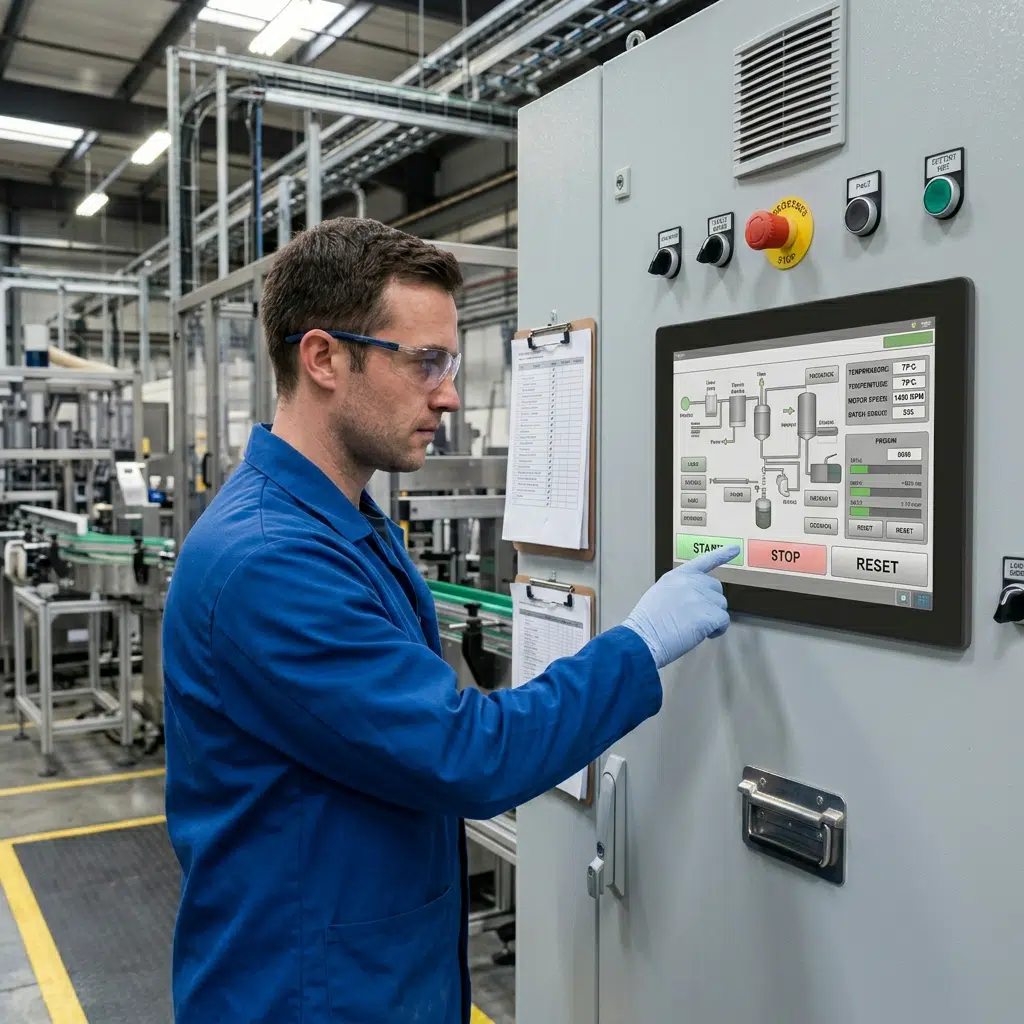 Factory operator using a touchscreen industrial Panel PC Flex-1300 integrated into a machine control cabinet. 