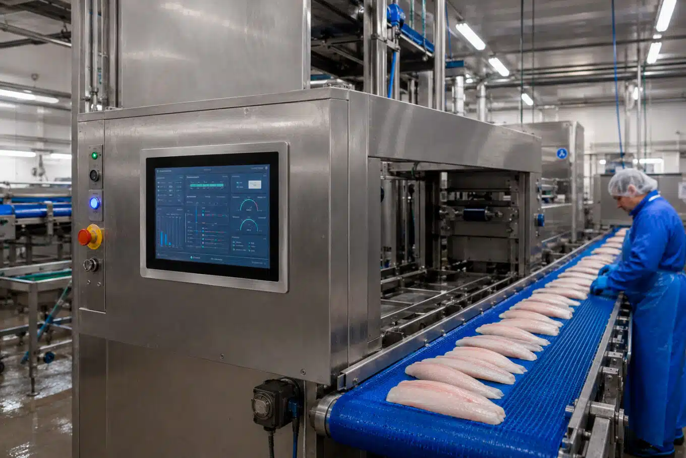 Blue Line stainless steel HMI for fish production area. Modern food production.